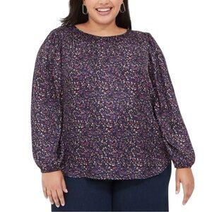 Lane Bryant Purple Floral Long Sleeve Satin Keyhole Dressy Blouse Top 18 2x